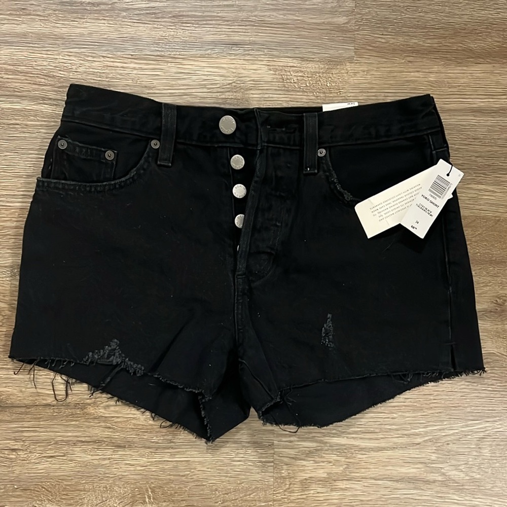 Denim Forum Black Jean Shorts High-Waisted Frayed Hem